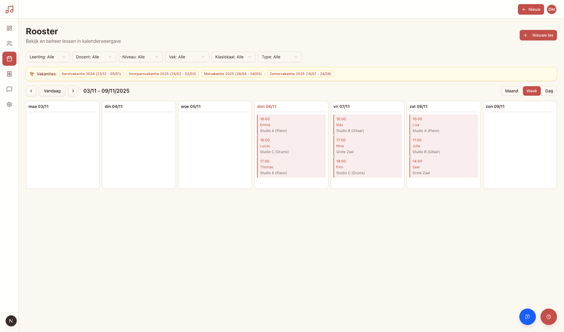 LesFlow weekrooster met geplande lessen per dag